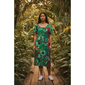 Jams World Womens Tropical Leaf Print Midi Dress Green Red Blue Short Sleeve S